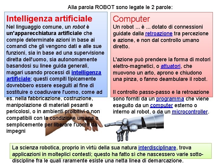 Alla parola ROBOT sono legate le 2 parole: Intelligenza artificiale Computer Nel linguaggio comune,