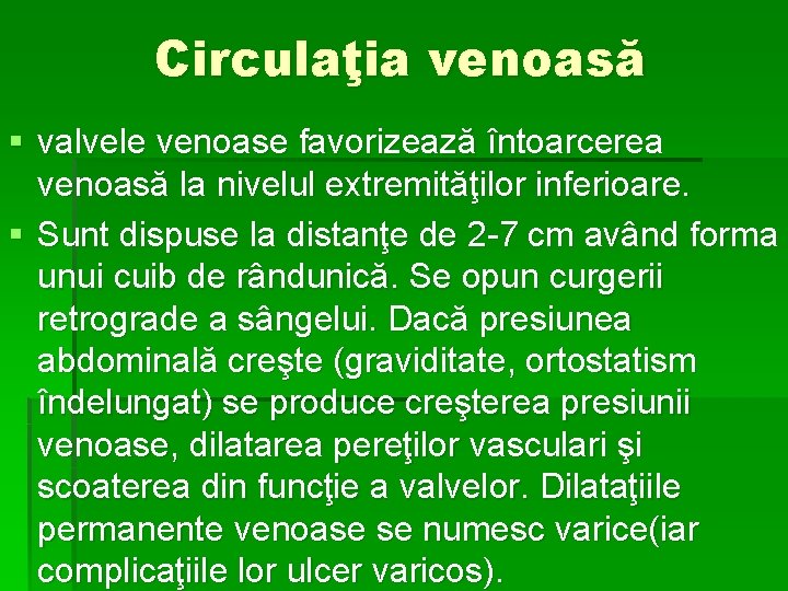 Circulaţia venoasă § valvele venoase favorizează întoarcerea venoasă la nivelul extremităţilor inferioare. § Sunt