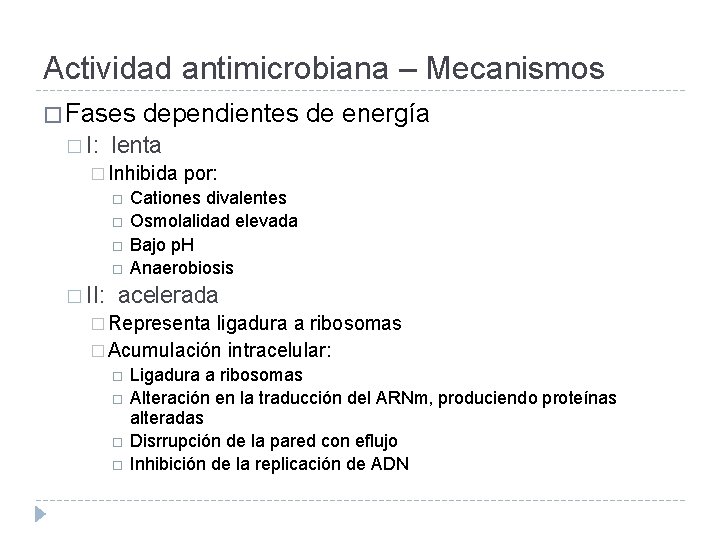 Actividad antimicrobiana – Mecanismos � Fases � I: dependientes de energía lenta � Inhibida