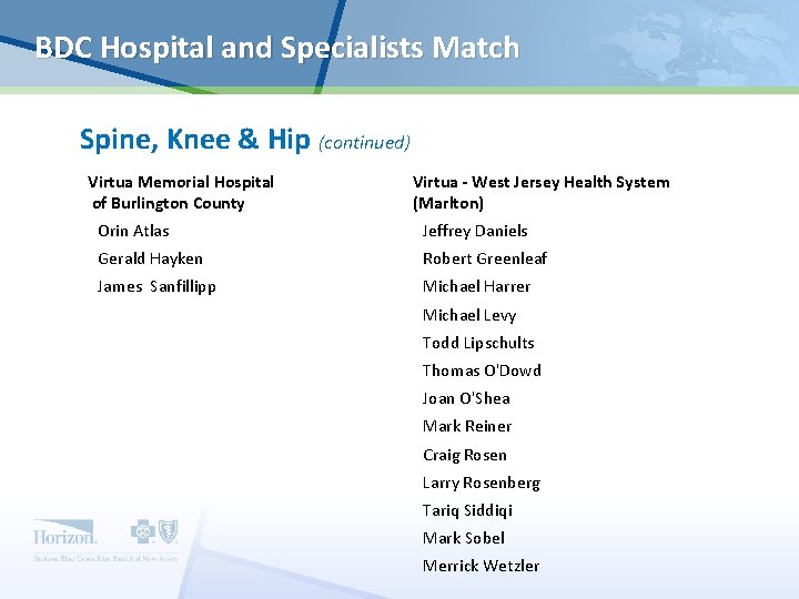 BDC Hospital and Specialists Match Spine, Knee & Hip (continued) Virtua Memorial Hospital of