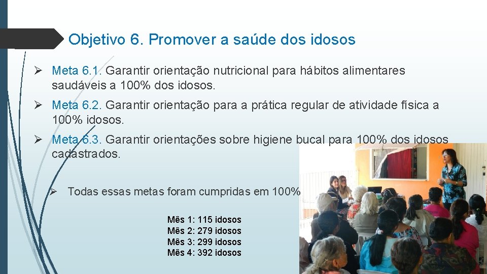 Objetivo 6. Promover a saúde dos idosos Ø Meta 6. 1. Garantir orientação nutricional