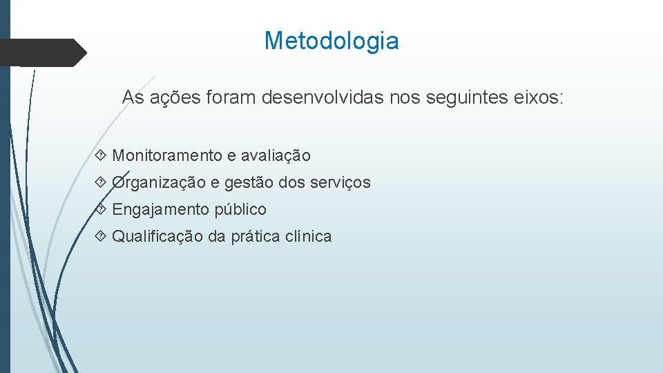 Metodologia As ações foram desenvolvidas nos seguintes eixos: Monitoramento e avaliação Organização e gestão