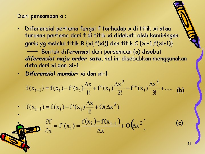 Dari persamaan a : • Diferensial pertama fungsi f terhadap x di titik xi