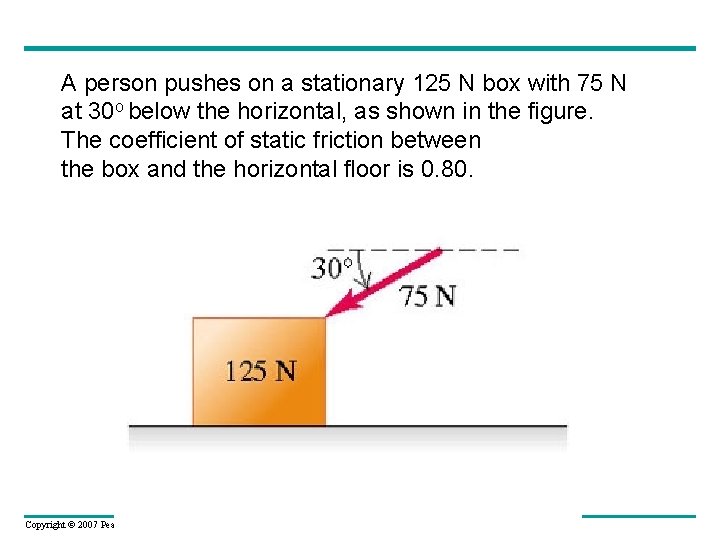A person pushes on a stationary 125 N box with 75 N at 30