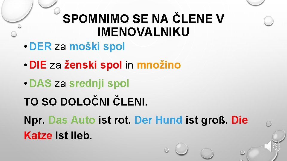 SPOMNIMO SE NA ČLENE V IMENOVALNIKU • DER za moški spol • DIE za