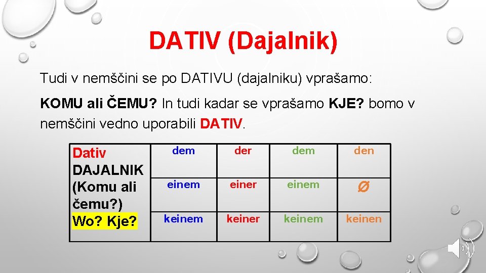 DATIV (Dajalnik) Tudi v nemščini se po DATIVU (dajalniku) vprašamo: KOMU ali ČEMU? In