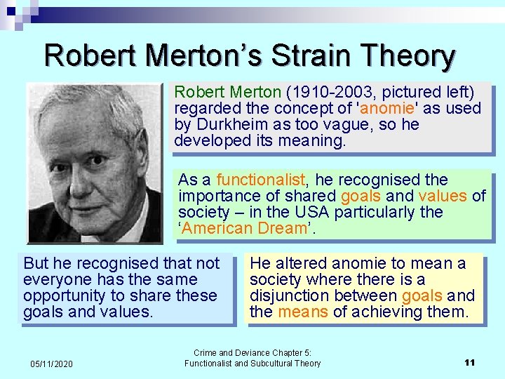 Robert Merton’s Strain Theory Robert Merton (1910 -2003, pictured left) regarded the concept of