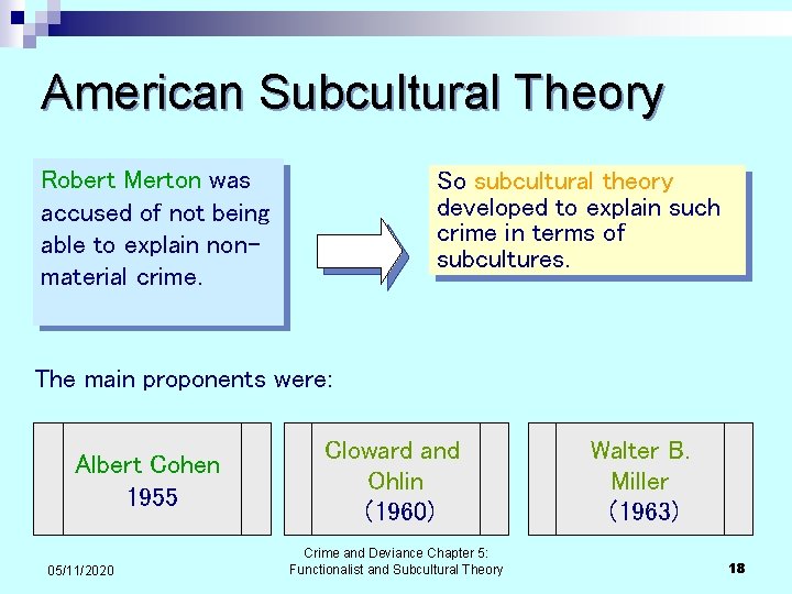 American Subcultural Theory Robert Merton was accused of not being able to explain nonmaterial