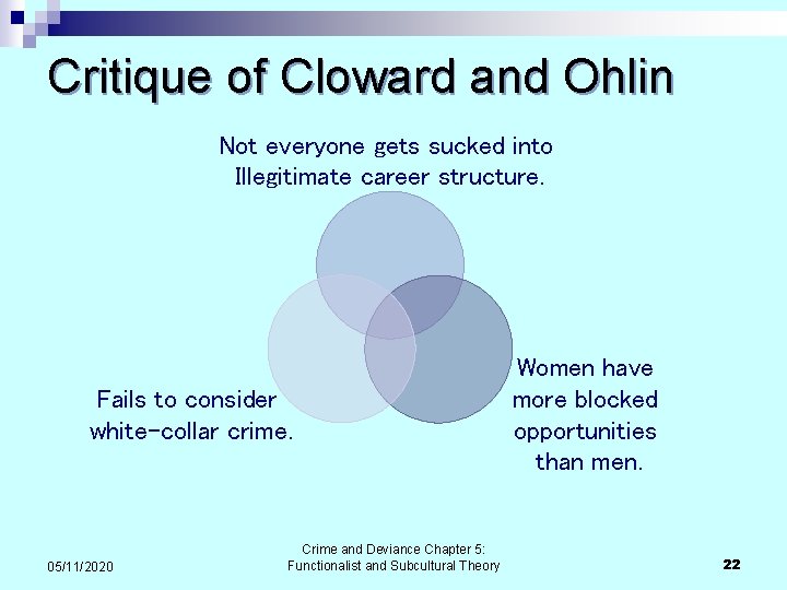 Critique of Cloward and Ohlin Not everyone gets sucked into Illegitimate career structure. Fails