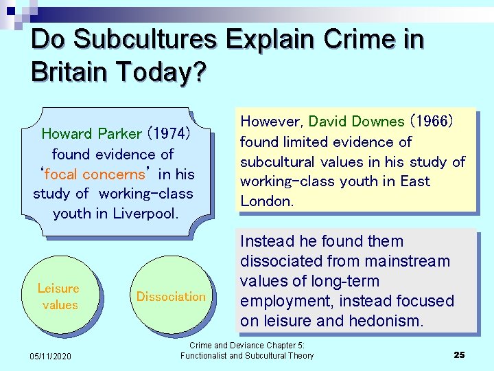 Do Subcultures Explain Crime in Britain Today? Howard Parker (1974) found evidence of ‘focal