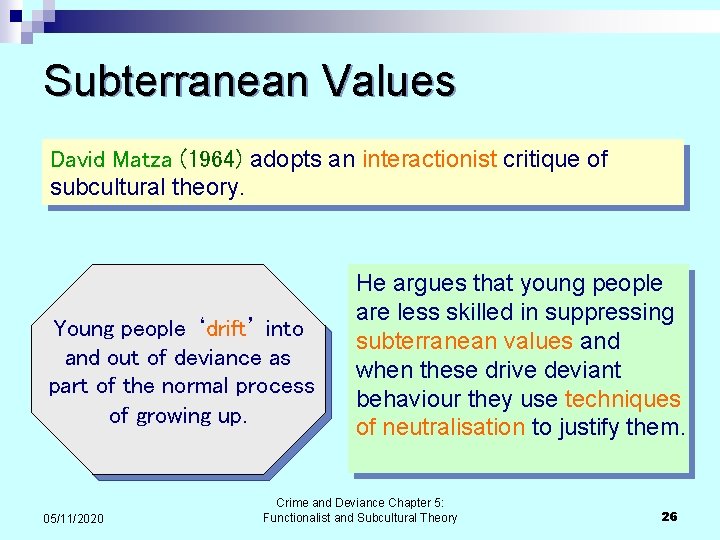 Subterranean Values David Matza (1964) adopts an interactionist critique of subcultural theory. Young people