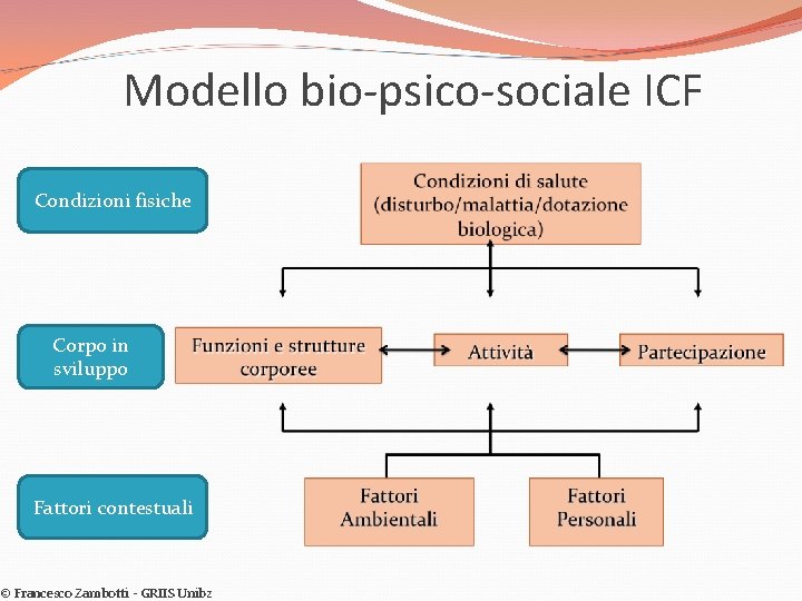 Modello bio-psico-sociale ICF Condizioni fisiche Corpo in sviluppo Fattori contestuali © Francesco Zambotti -