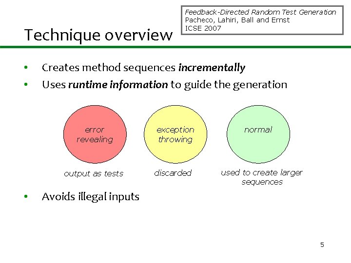 Technique overview • • Creates method sequences incrementally Uses runtime information to guide the