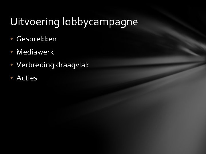 Uitvoering lobbycampagne • Gesprekken • Mediawerk • Verbreding draagvlak • Acties 