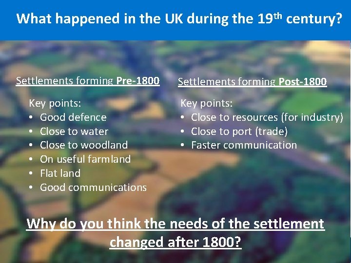 What happened in the UK during the 19 th century? Settlements forming Pre-1800 Key