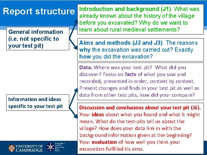 Report structure General information (i. e. not specific to your test pit) Information and