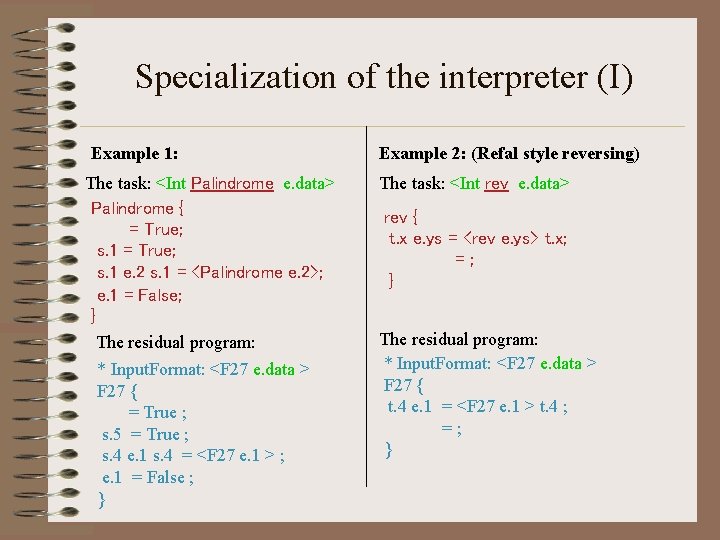 Specialization of the interpreter (I) Example 1: The task: <Int Palindrome e. data> Palindrome