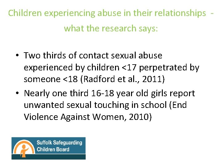 Children experiencing abuse in their relationships what the research says: • Two thirds of