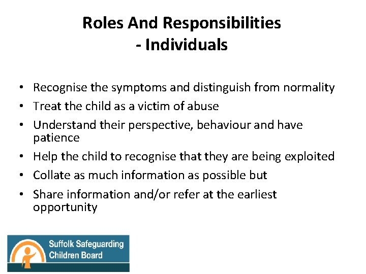 Roles And Responsibilities - Individuals • Recognise the symptoms and distinguish from normality •