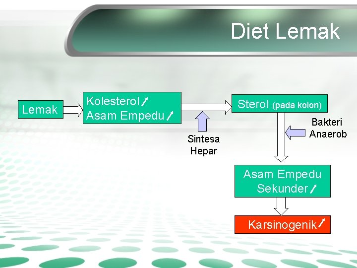 Diet Lemak Kolesterol Asam Empedu Sterol (pada kolon) Sintesa Hepar Bakteri Anaerob Asam Empedu