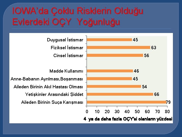 IOWA’da Çoklu Risklerin Olduğu Evlerdeki OÇY Yoğunluğu Duygusal İstismar 45 Fiziksel İstismar 63 Cinsel