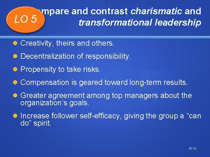 Compare and contrast charismatic and LO 5 transformational leadership Creativity, theirs and others. Decentralization