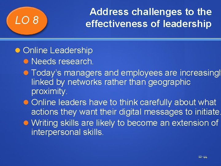 LO 8 Address challenges to the effectiveness of leadership Online Leadership Needs research. Today’s