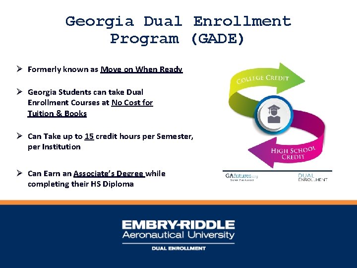Georgia Dual Enrollment Program (GADE) Ø Formerly known as Move on When Ready Ø