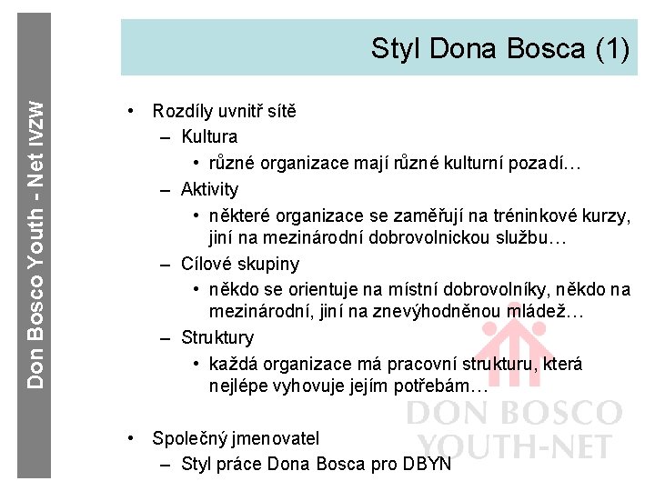 Don Bosco Youth - Net IVZW Styl Dona Bosca (1) • Rozdíly uvnitř sítě
