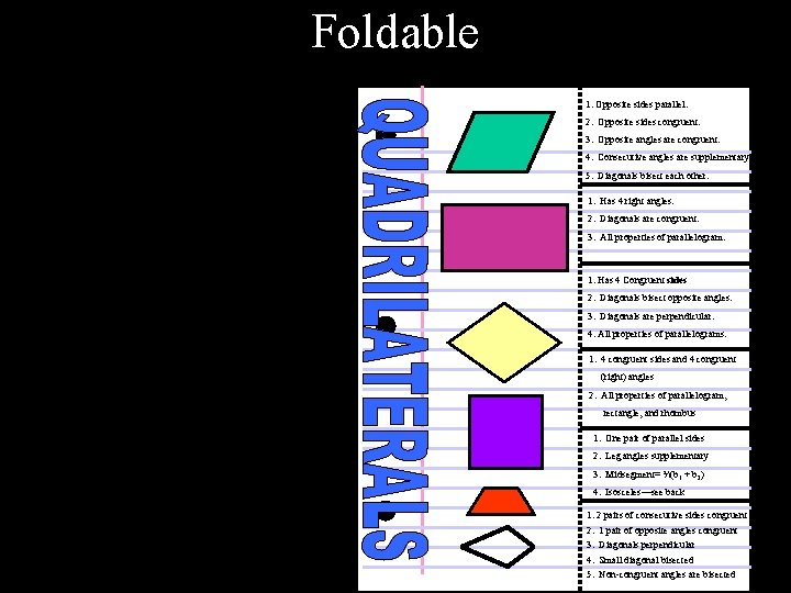 Foldable 1. Opposite sides parallel. 2. Opposite sides congruent. 3. Opposite angles are congruent.