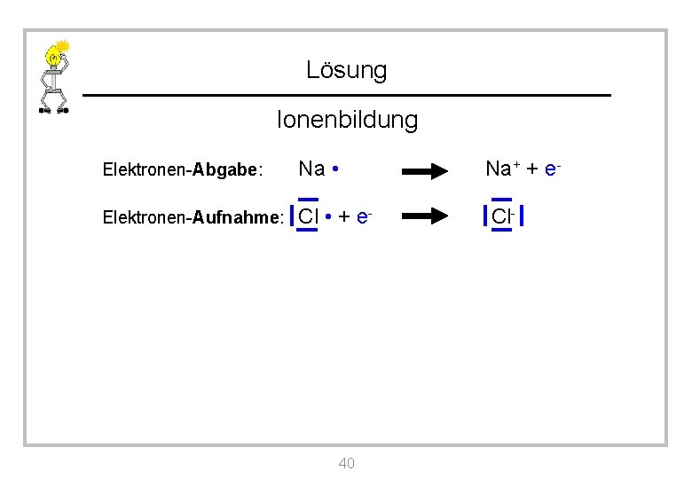 Lösung Ionenbildung Elektronen-Abgabe: Na • Na+ + e- Elektronen-Aufnahme: Cl • + e- Cl-
