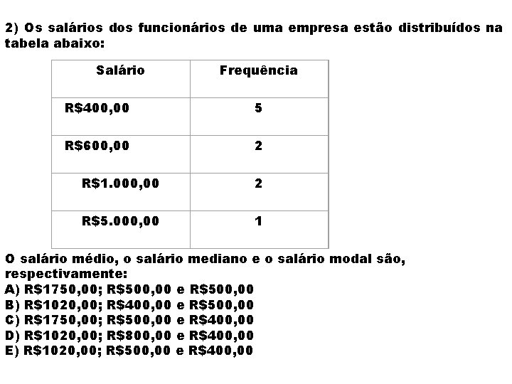 2) Os salários dos funcionários de uma empresa estão distribuídos na tabela abaixo: Salário