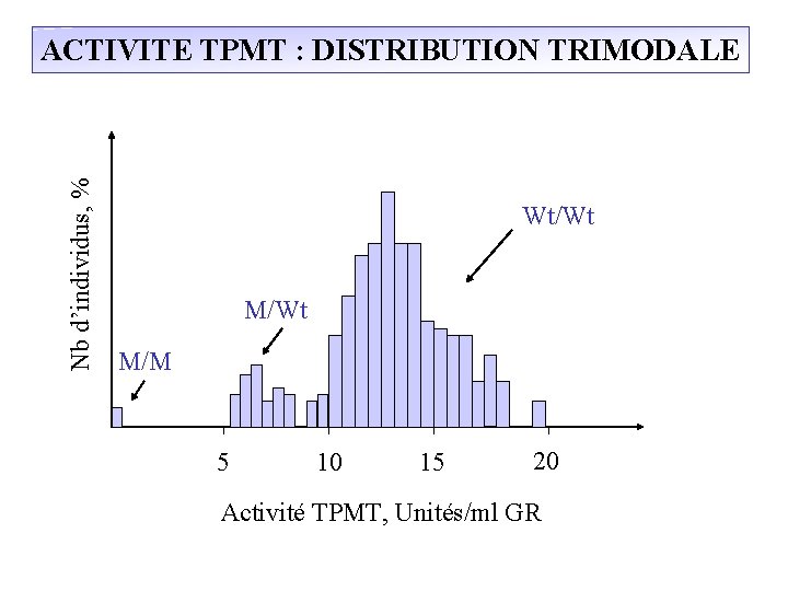 Nb d’individus, % ACTIVITE TPMT : DISTRIBUTION TRIMODALE Wt/Wt M/M 5 10 15 20