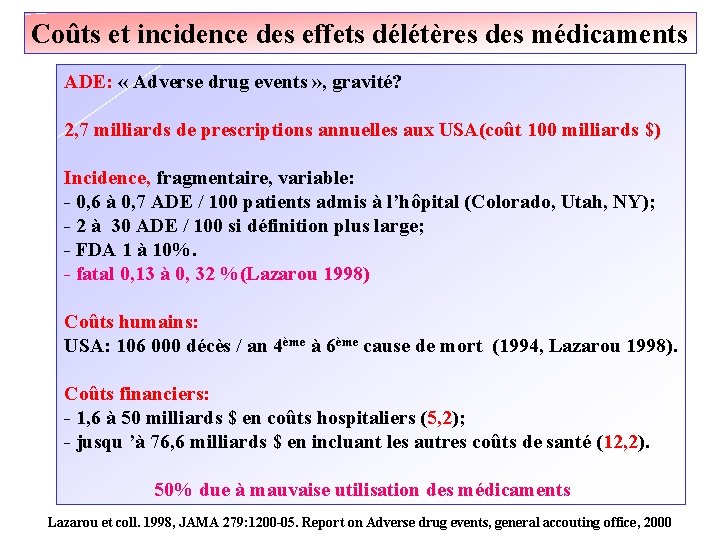 Coûts et incidence des effets délétères des médicaments ADE: « Adverse drug events »