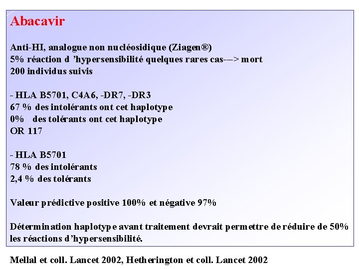 Abacavir Anti-HI, analogue non nucléosidique (Ziagen®) 5% réaction d ’hypersensibilité quelques rares cas---> mort