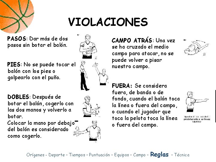 VIOLACIONES PASOS: Dar más de dos pasos sin botar el balón. PIES: No se VIOLACIONES PASOS: Dar más de dos pasos sin botar el balón. PIES: No se