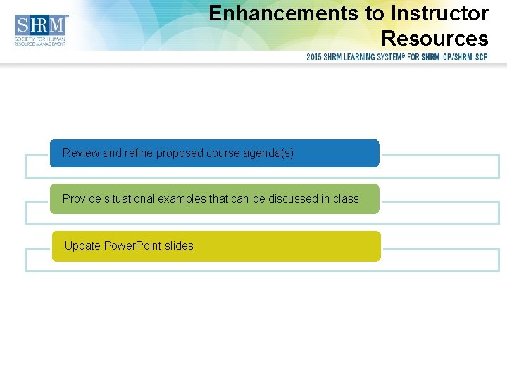 Enhancements to Instructor Resources Review and refine proposed course agenda(s) Provide situational examples that