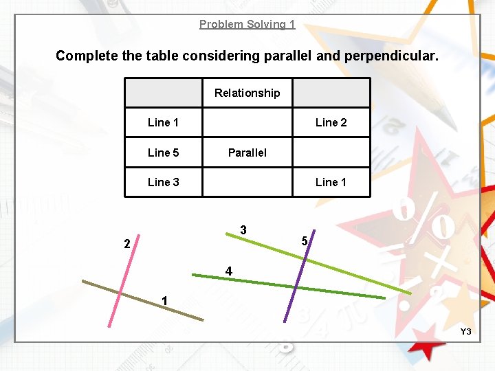 Problem Solving 1 Complete the table considering parallel and perpendicular. Relationship Line 1 Line