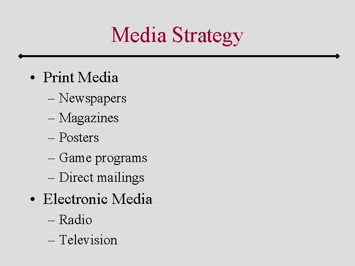 Media Strategy • Print Media – Newspapers – Magazines – Posters – Game programs