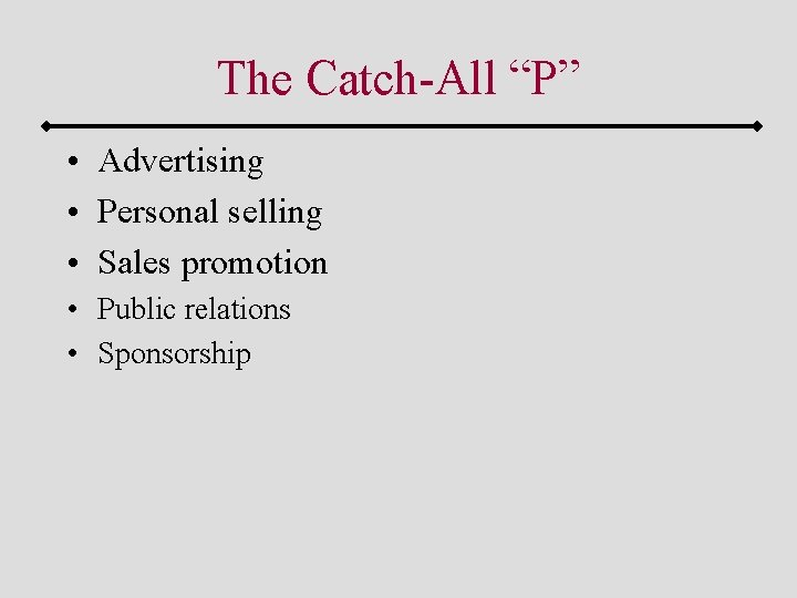 The Catch-All “P” • Advertising • Personal selling • Sales promotion • Public relations