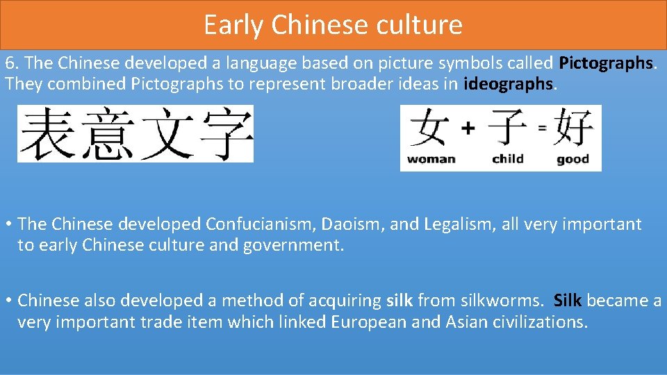 Early Chinese culture 6. The Chinese developed a language based on picture symbols called