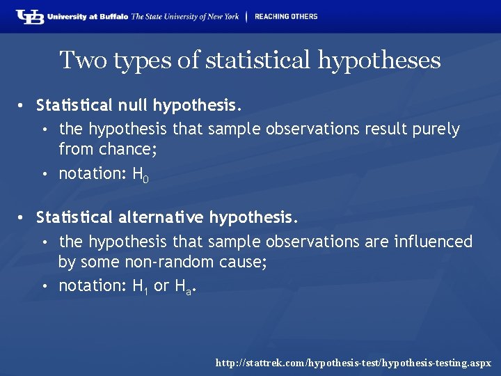 Two types of statistical hypotheses • Statistical null hypothesis. • the hypothesis that sample