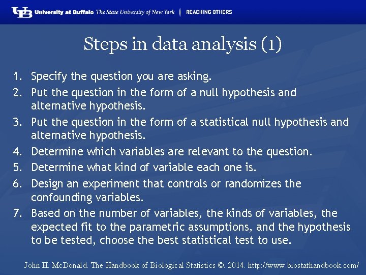 Steps in data analysis (1) 1. Specify the question you are asking. 2. Put