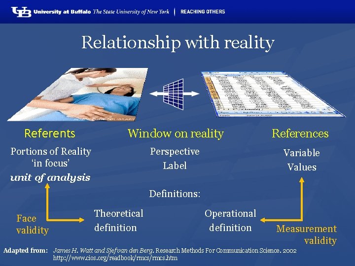 Relationship with reality Referents Window on reality References Portions of Reality ‘in focus’ unit