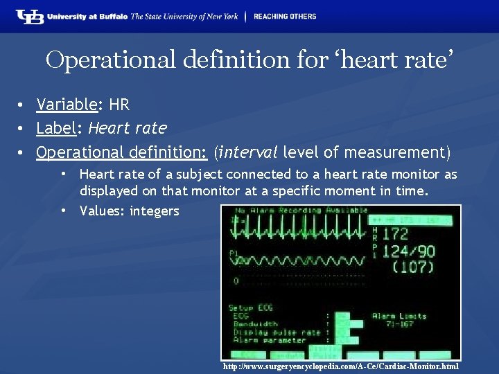 Operational definition for ‘heart rate’ • Variable: HR • Label: Heart rate • Operational