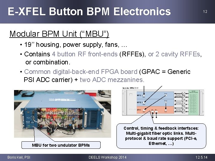 E-XFEL Button BPM Electronics 12 Modular BPM Unit (“MBU”) • 19’’ housing, power supply,