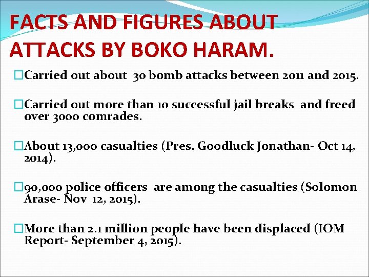 FACTS AND FIGURES ABOUT ATTACKS BY BOKO HARAM. �Carried out about 30 bomb attacks