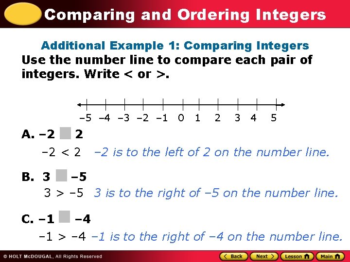 Comparing and Ordering Integers Additional Example 1: Comparing Integers Use the number line to