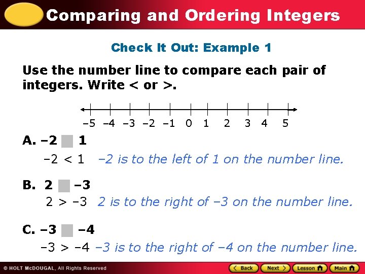 Comparing and Ordering Integers Check It Out: Example 1 Use the number line to