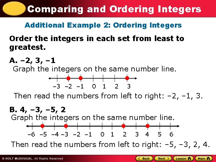 Comparing and Ordering Integers Additional Example 2: Ordering Integers Order the integers in each